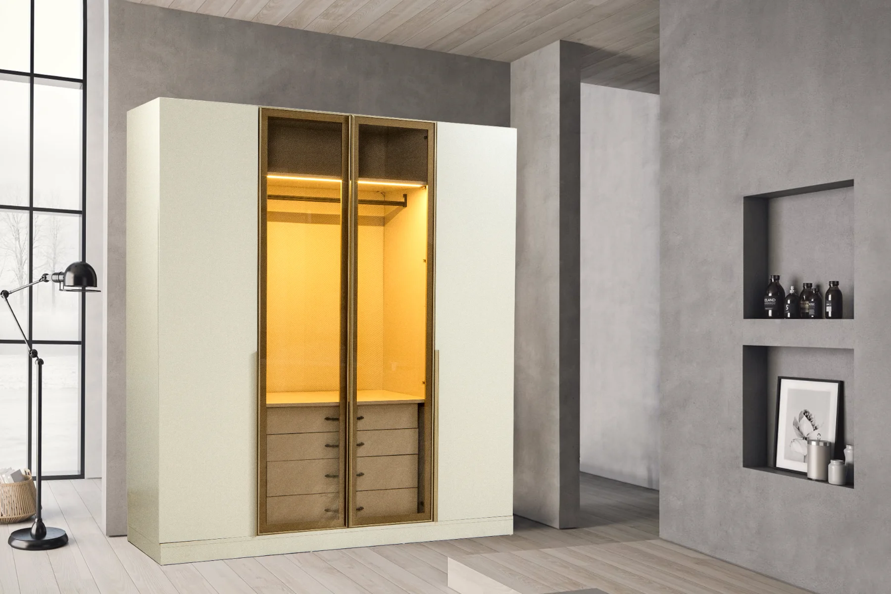 Armoire Vénus 4 Portes 2 Vitrées Bronze