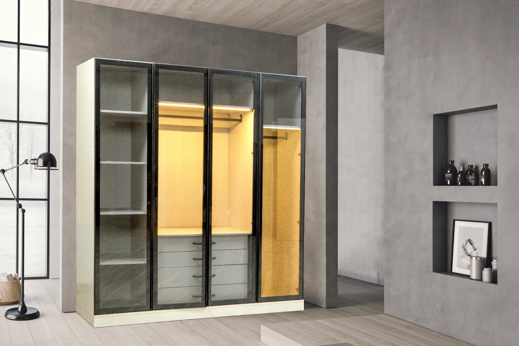 Venüs Gardırop 4 Kapaklı Füme Camlı