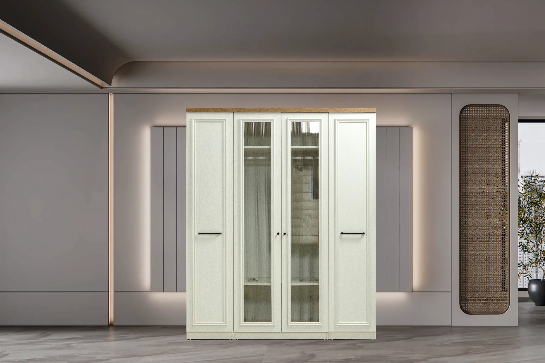 Armoire Rose 4 Portes avec Vitrage